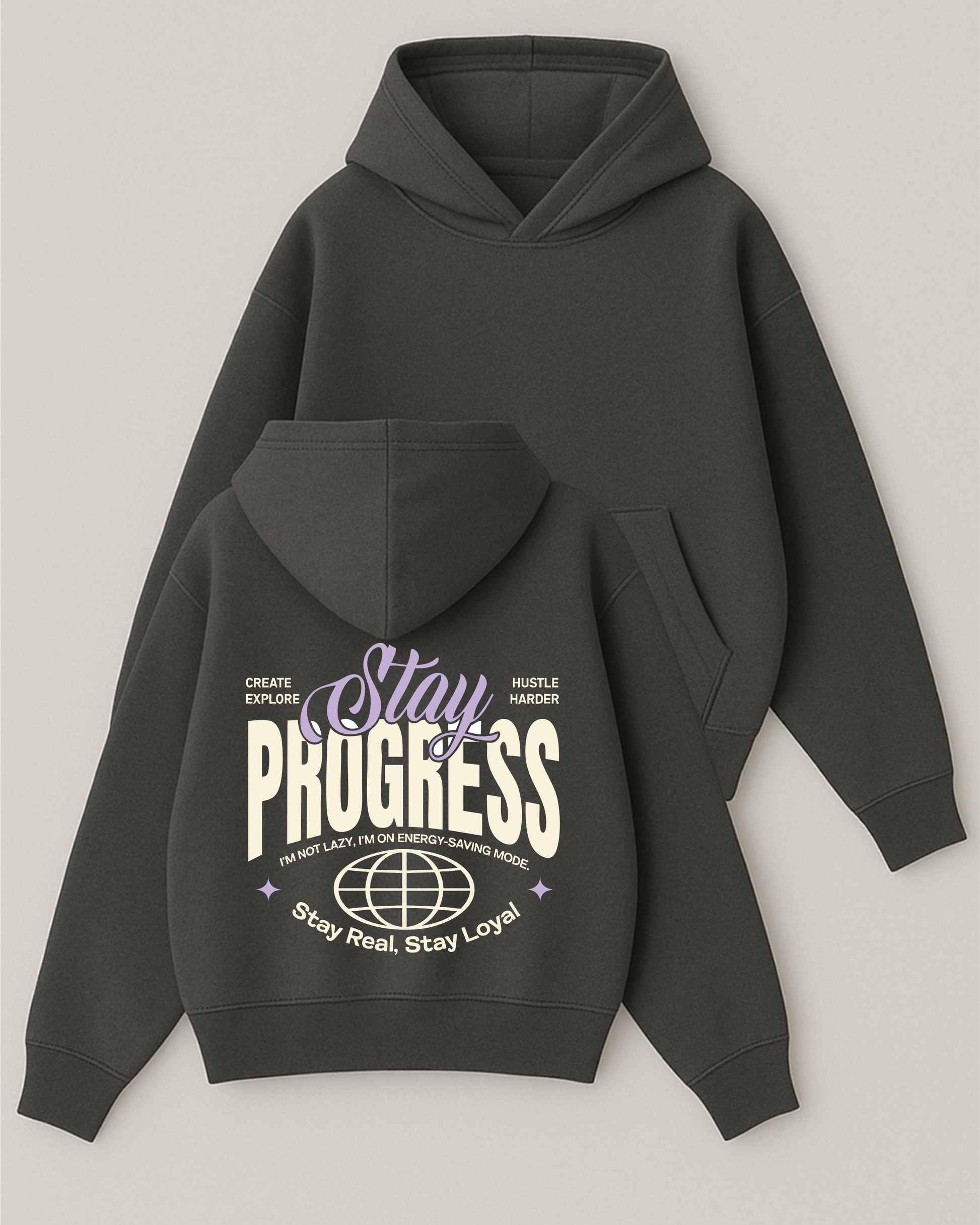 Stay Progres! - Boxy Fit Kapüşonlu Sweatshirt